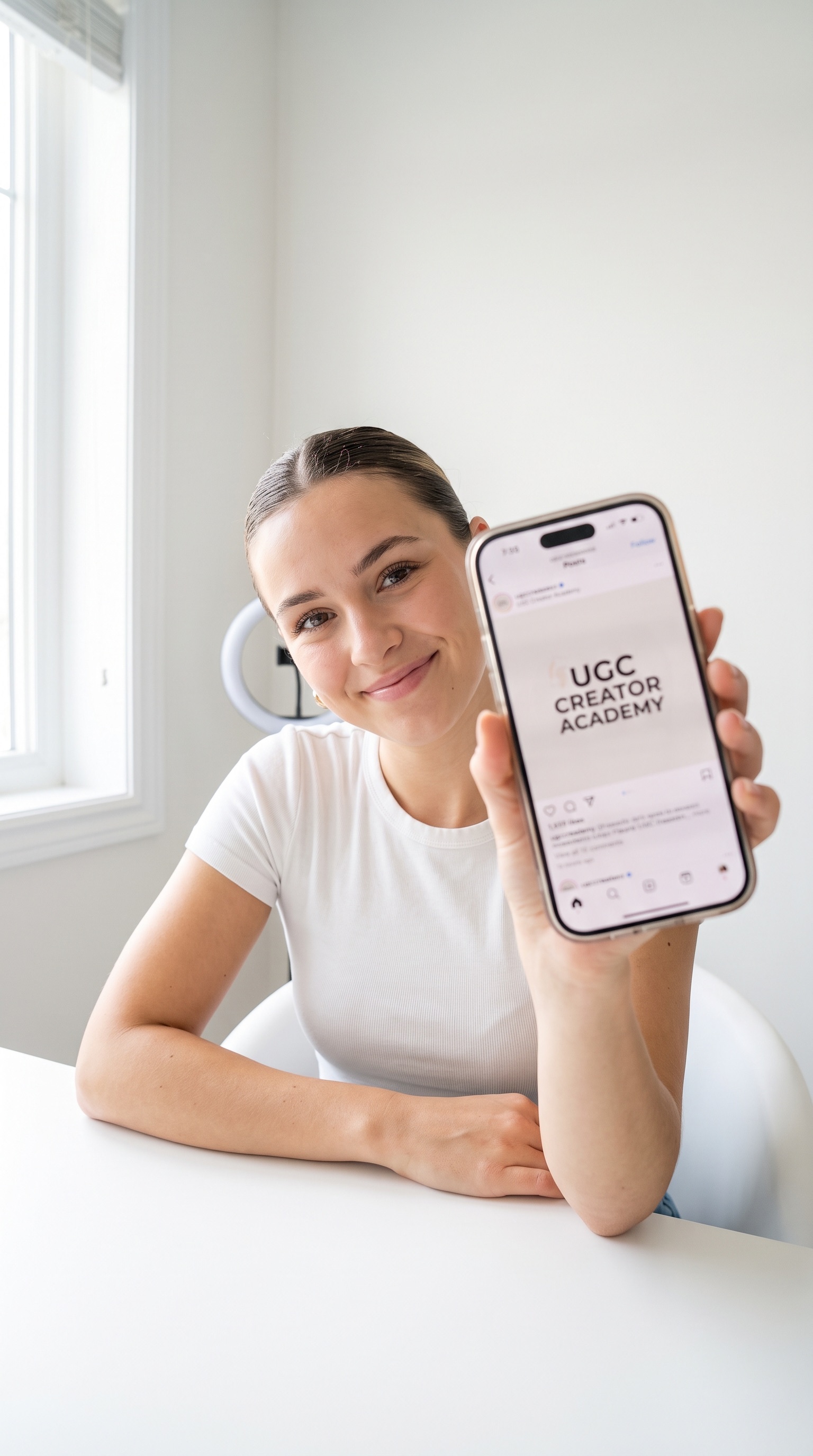 AI avatar holding a phone showing an app